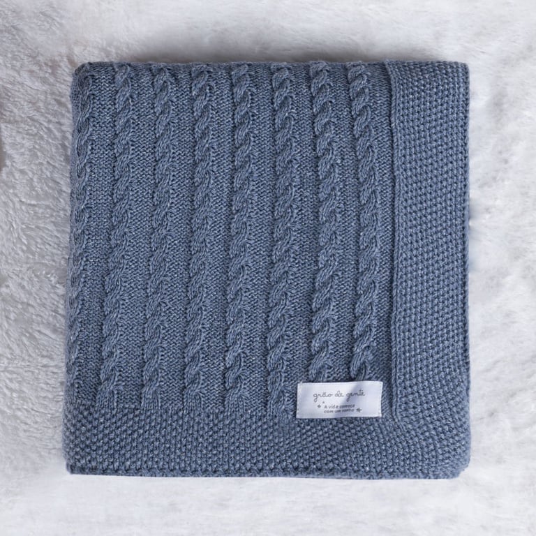 Manta Bebê Tricot Trança Azul Jeans 80cm