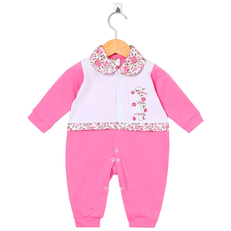 Macacão Longo Flores para Mamãe com Gola Pink/Branco Tam P