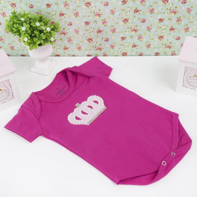 Body Manga Curta Coroa Poá Com Pérolas Pink Tam G
