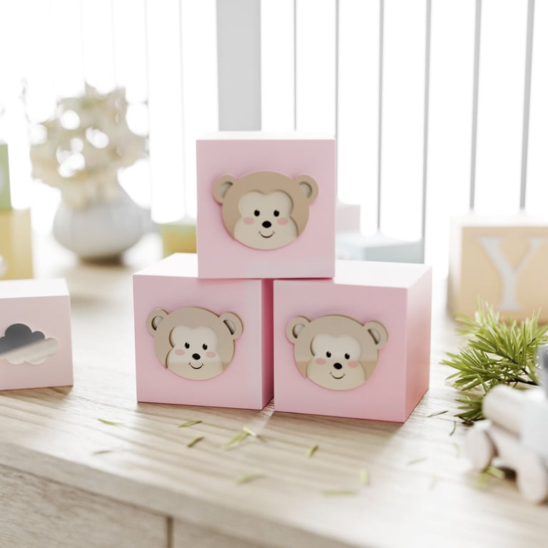 Cubo Decorativo Amiguinho Macaquinho MDF Rosa