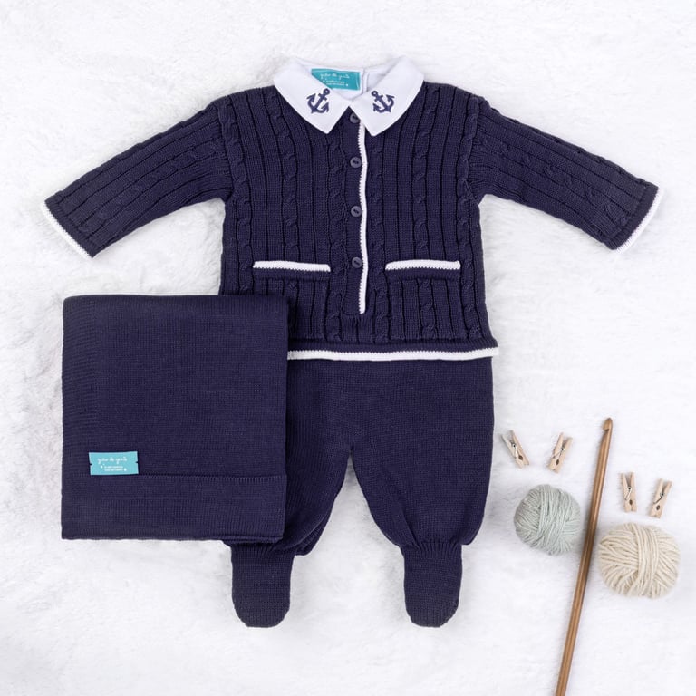 Saída Maternidade Tricot Navy Azul 03 Peças