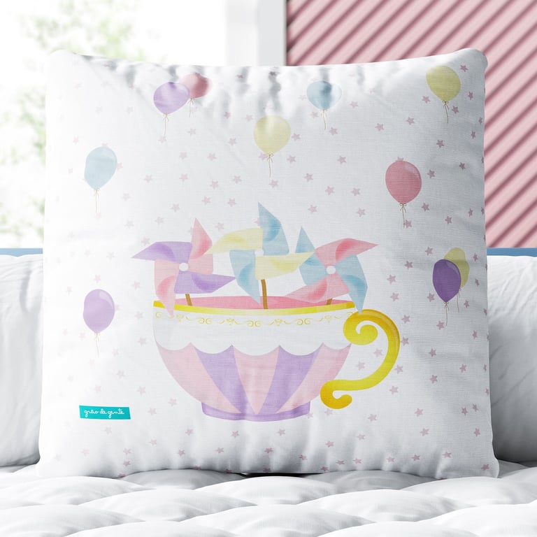Almofada Quadrada Xícara, Catavento, Balão e Estrela 30cm