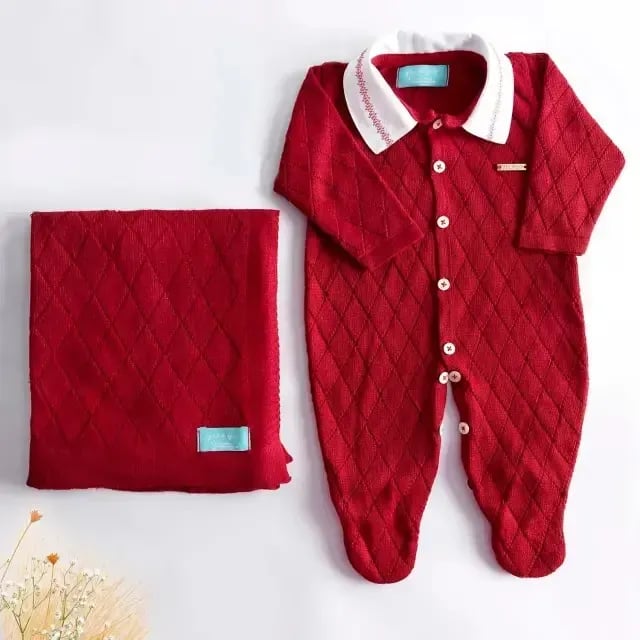 Saída Maternidade Tricot Vermelha Com Gola 02 Peças