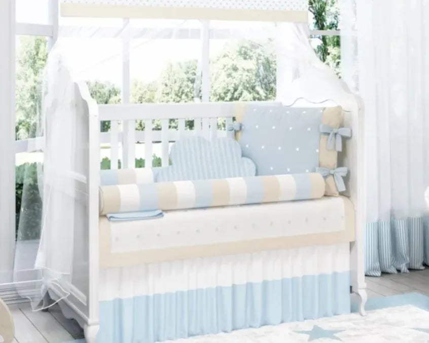 Kit Berço Tricot Poá Azul/Bege