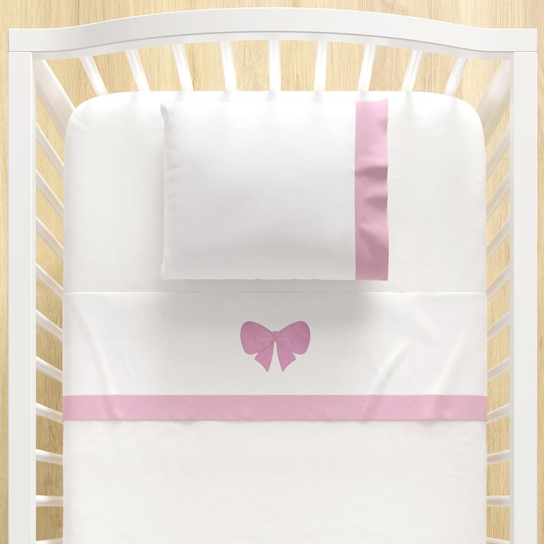 Jogo de Lençol Berço Bordado Lacinho Rosa 3 Peças