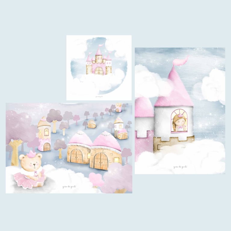 Kit Pôster Adesivo Amiguinha Ursinha Princesa 3 peças