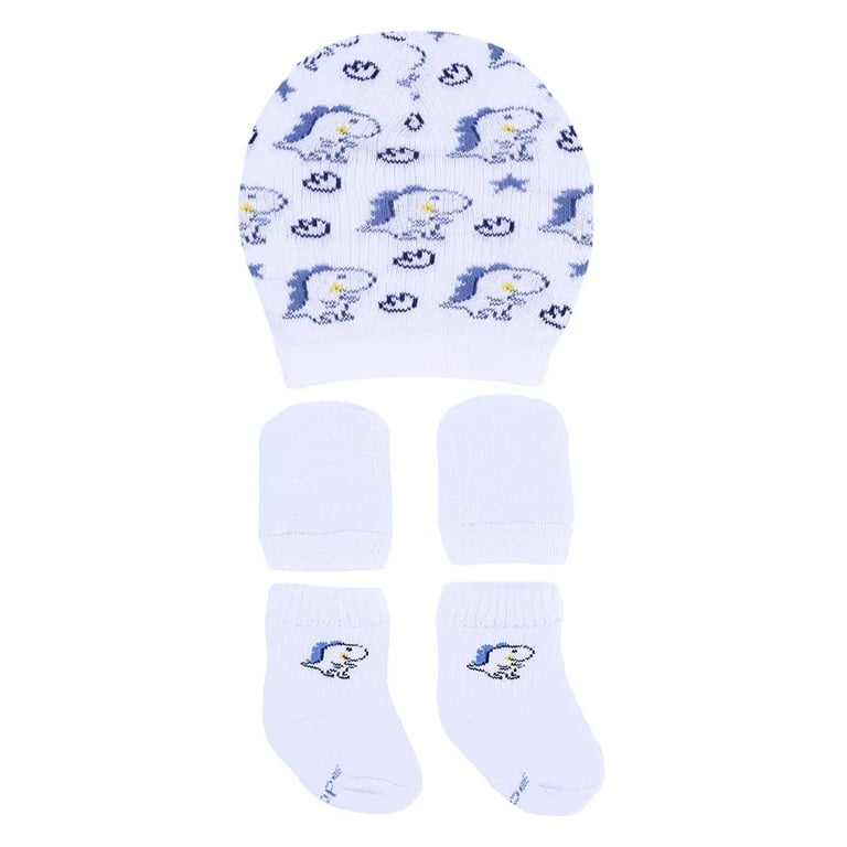 Kit Touca, Luva e Meia Dinossauro Azul
