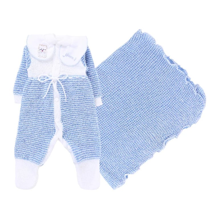 Saída de Maternidade Ternura em Tricot com Bordado Azul Tam P