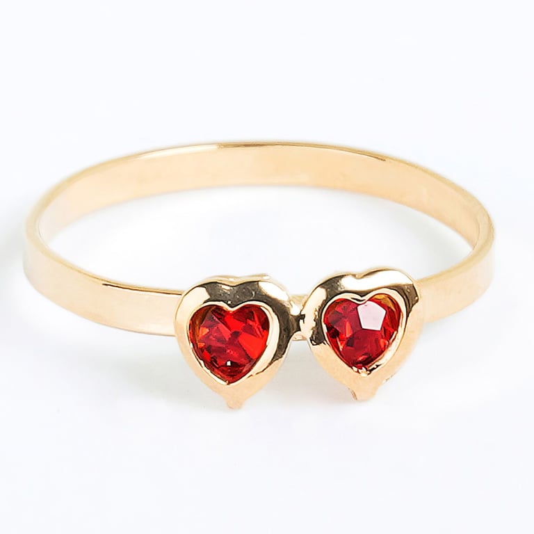 Anel Infantil Dois Corações com Strass Vermelho Ouro