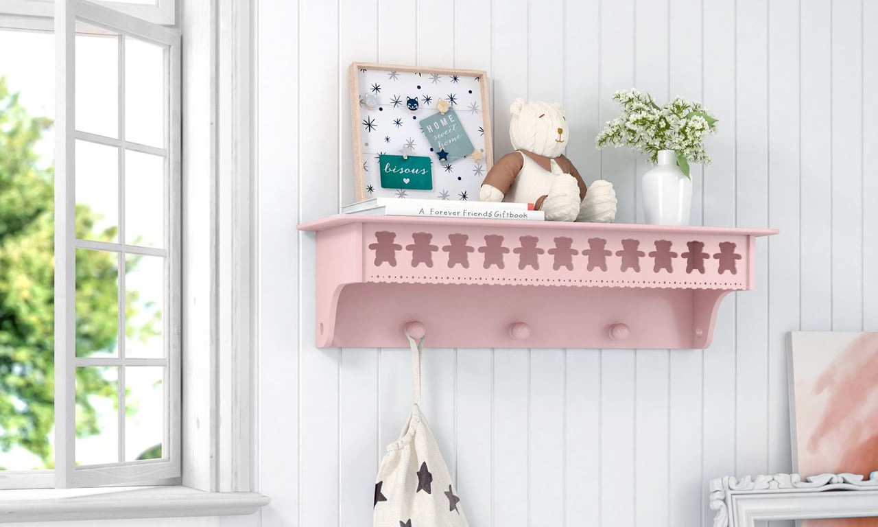 Prateleira com Cabideiro Ursinho Theodore Rosa