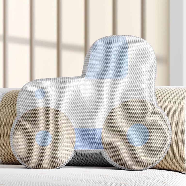 Almofada Tricot Carrinho Azul e Bege 31cm