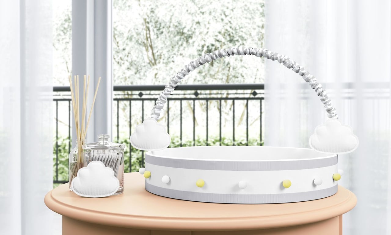 Cesta Nuvem de Algodão com Pompons Cinza