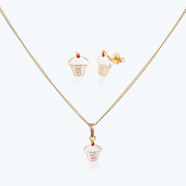 Conjunto Infantil Colar e Brincos Cupcake Ouro