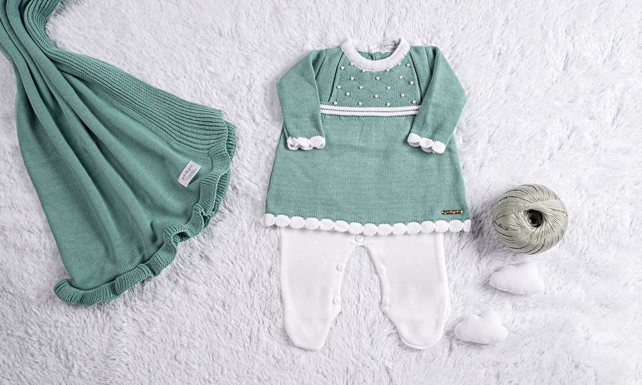Saída Maternidade Tricot Vestido com Pérolas Verde 03 Peças