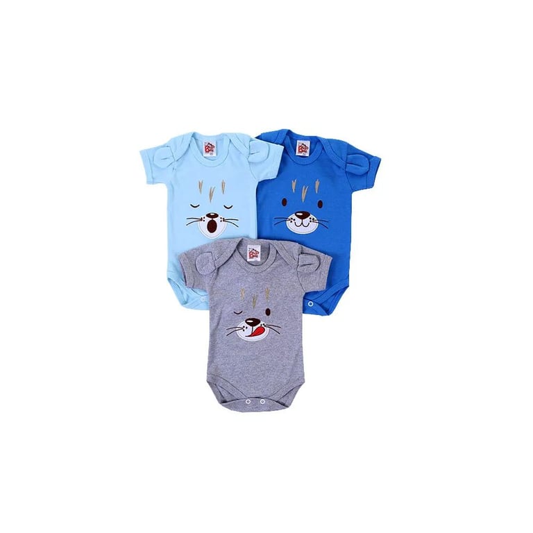 Kit Body Manga Curta Baby Bee Bordado Carinhas Azul e Cinza 3 Peças