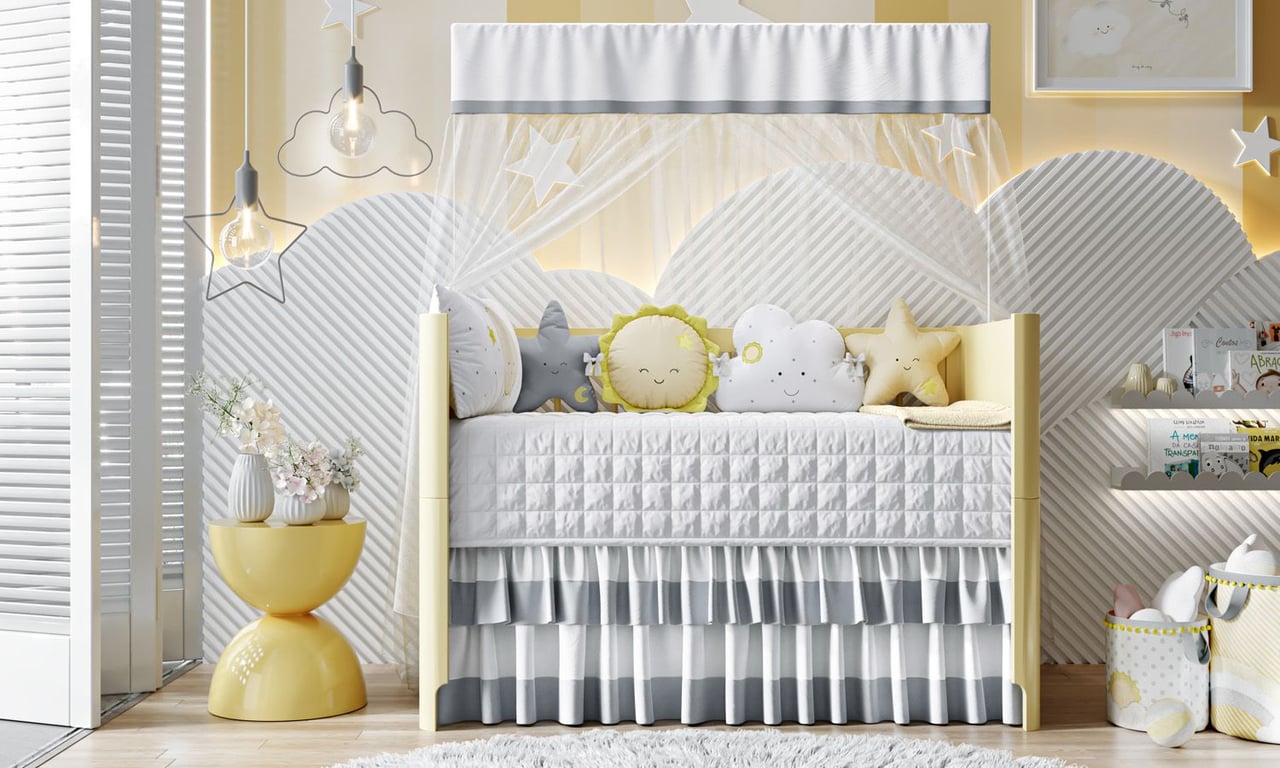 Kit Berço Amiguinhos Céu Amarelo e Cinza