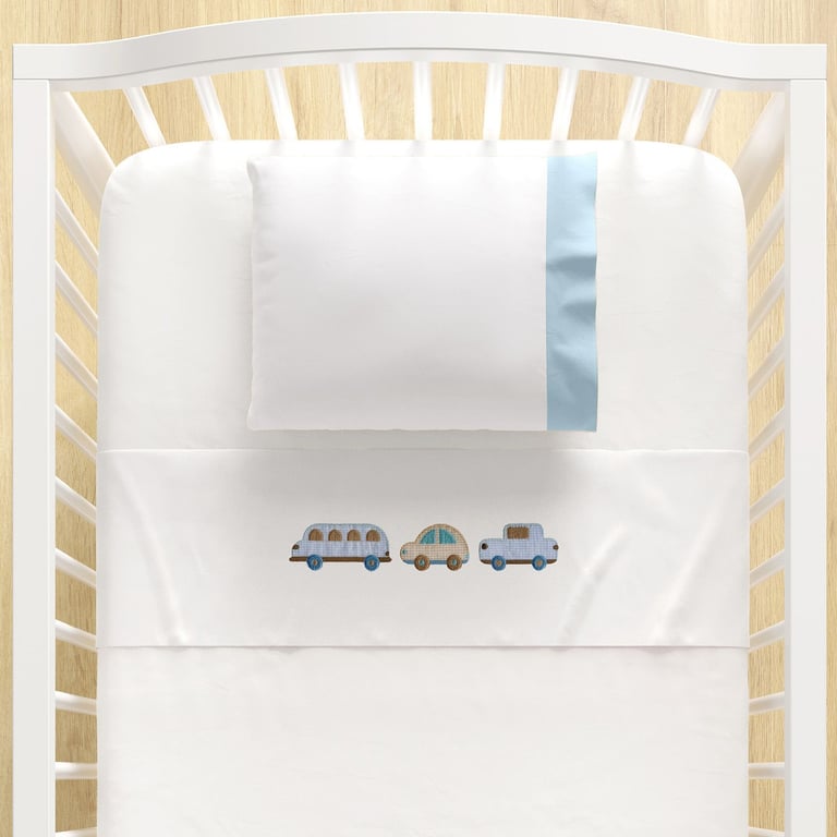 Jogo de Lençol Berço Bordado Carrinhos Azul 3 peças