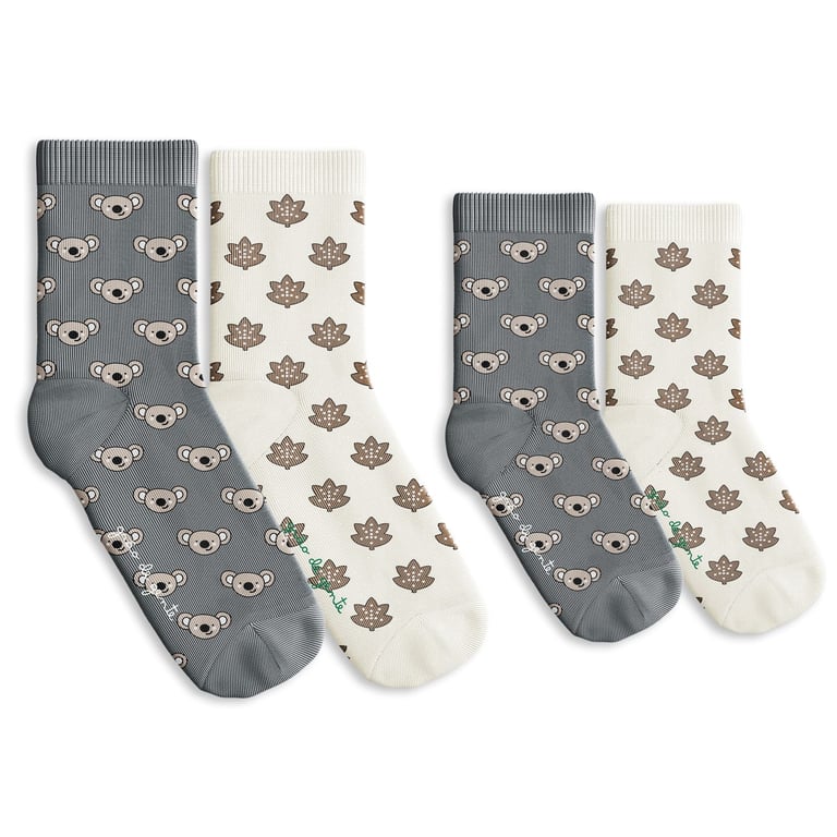 Kit Meia Bebê Tal Pai Tal Filho Trocapé Coala e Folhas Cinza e Off White 4 Pares Tam 13/20 e 39/43