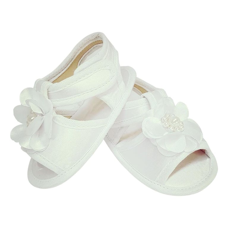 Sandália de Bebê com Flor e Pérolas Branco Tamanho 14
