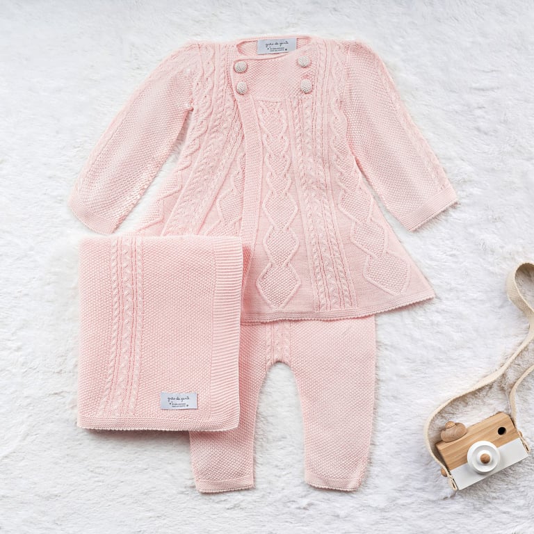 Saída Maternidade Tricot Casaco Princesa Rosa 03 Peças