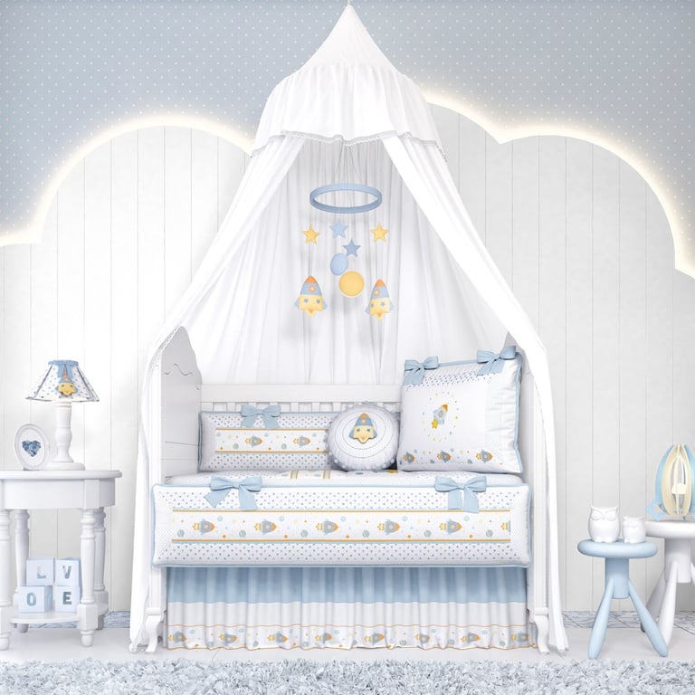Quarto de Bebê Completo Astronauta Patchwork Azul 17 Peças