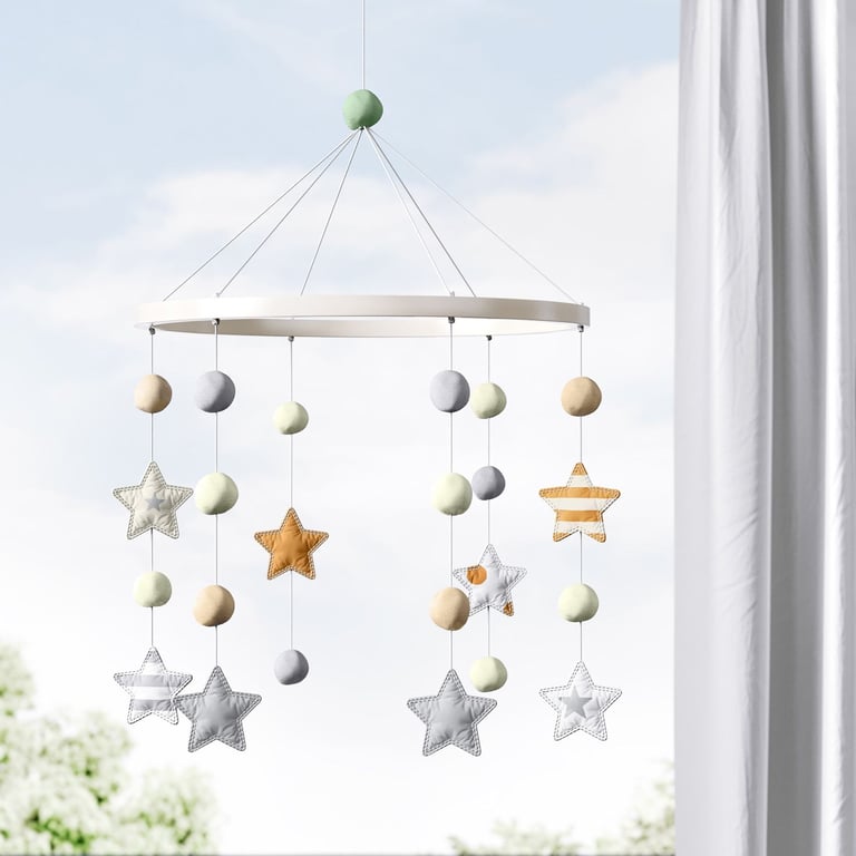 Móbile Estrelas Poá Laranja, Cinza e Bege