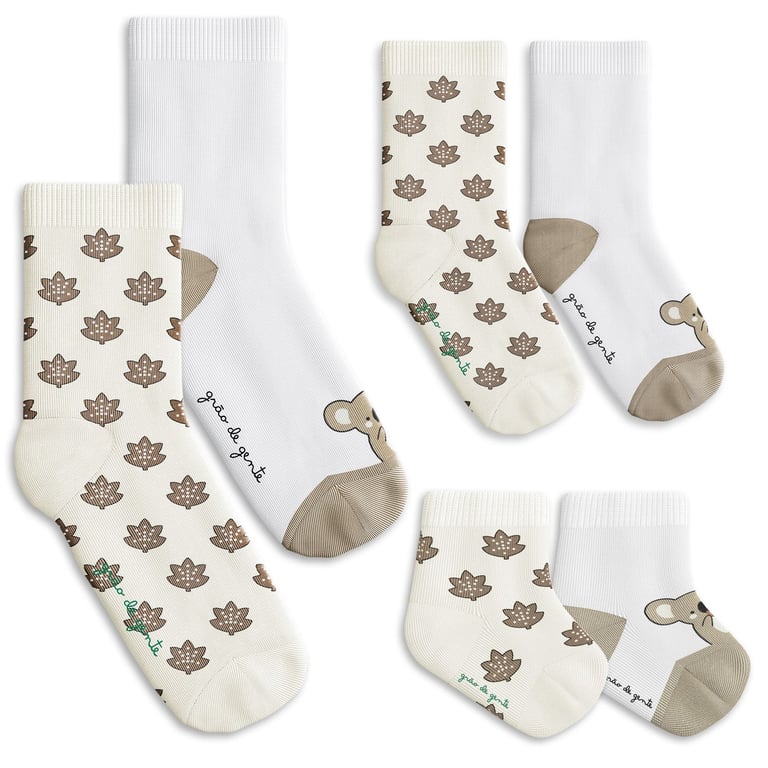 Kit Meia Tal Pai Tal Filhos Trocapé Coala e Folhas Off White 6 Pares Tam 13/20, 25/28 e 39/43