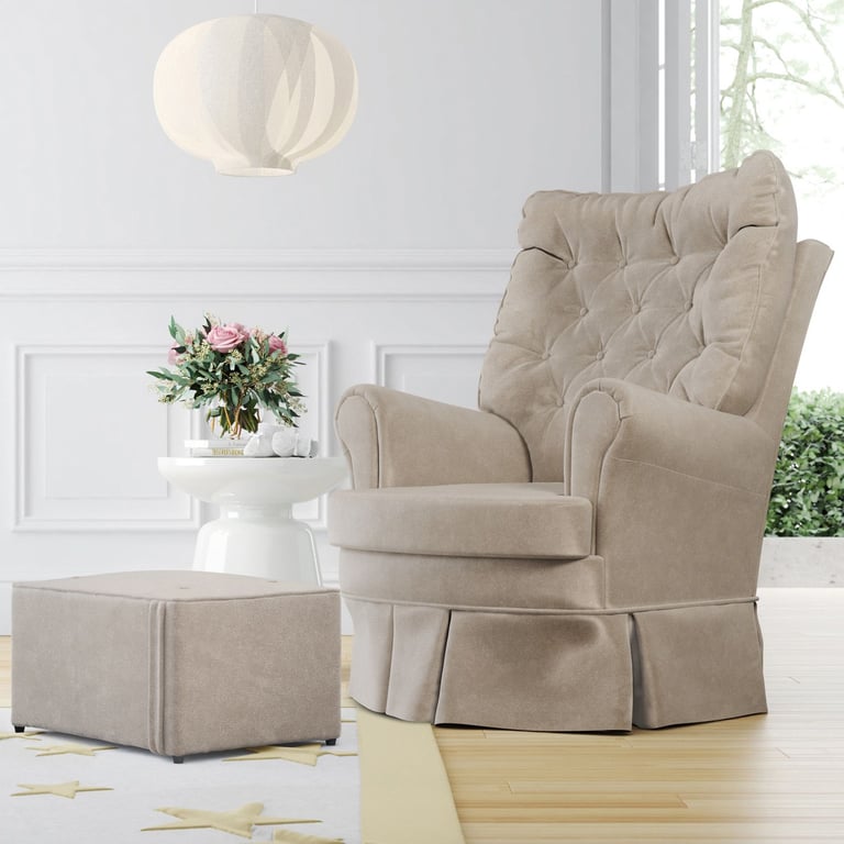 Poltrona Amamentação Balanço e Giratória com Puff Luxo Camurça