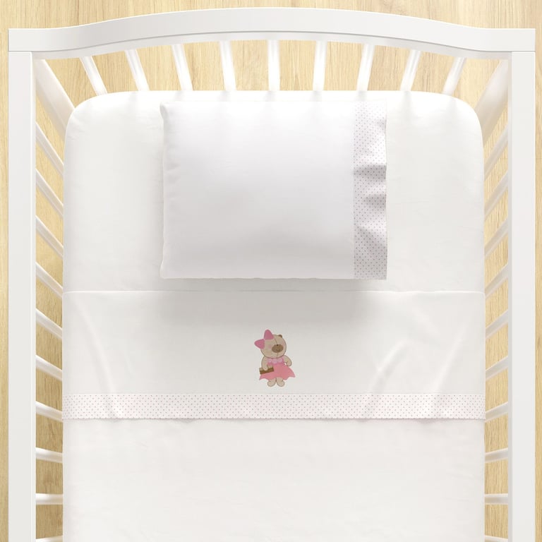 Jogo de Lençol Berço Bordado Ursinha Nina Luxuosa 3 peças