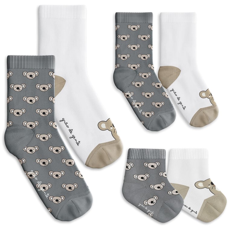 Kit Meia Tal Pai Tal Filhos Trocapé Coala Cinza e Branco 6 Pares Tam 13/20, 25/28 e 39/43