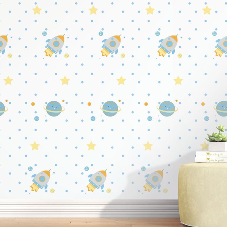 Papel de Parede Espacial Planetas e Foguetes Azul 3m