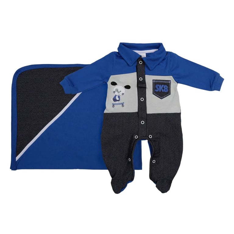 Saída Maternidade Baby Gijo Malha Bordado Dog Skate + Manta Azul Royal Tam P