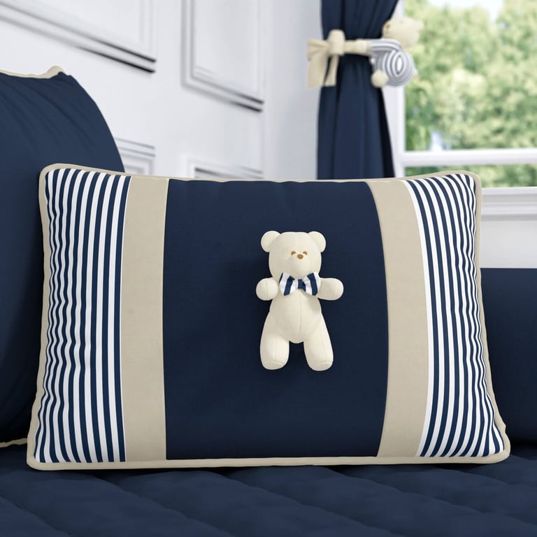 Almofada Retangular Tricot Ursinho Listrada Azul Marinho e Bege 43cm