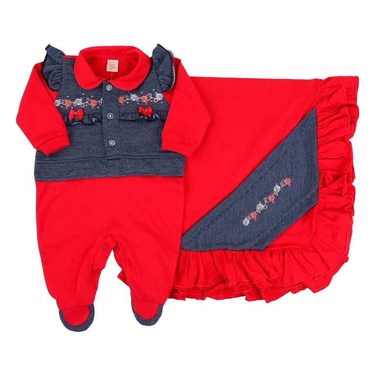 Saída Maternidade Din Don com Gola e Laço Vermelho