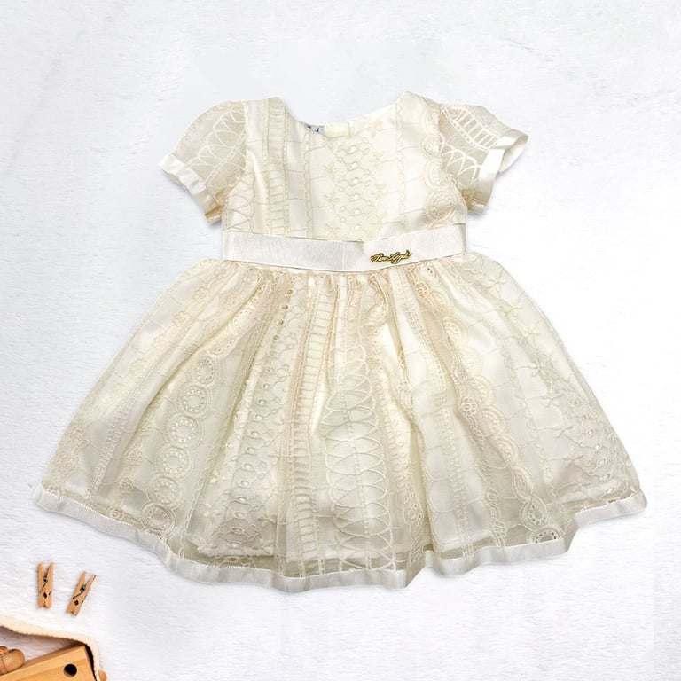 Vestido Batizado Tule Rendado Off-White