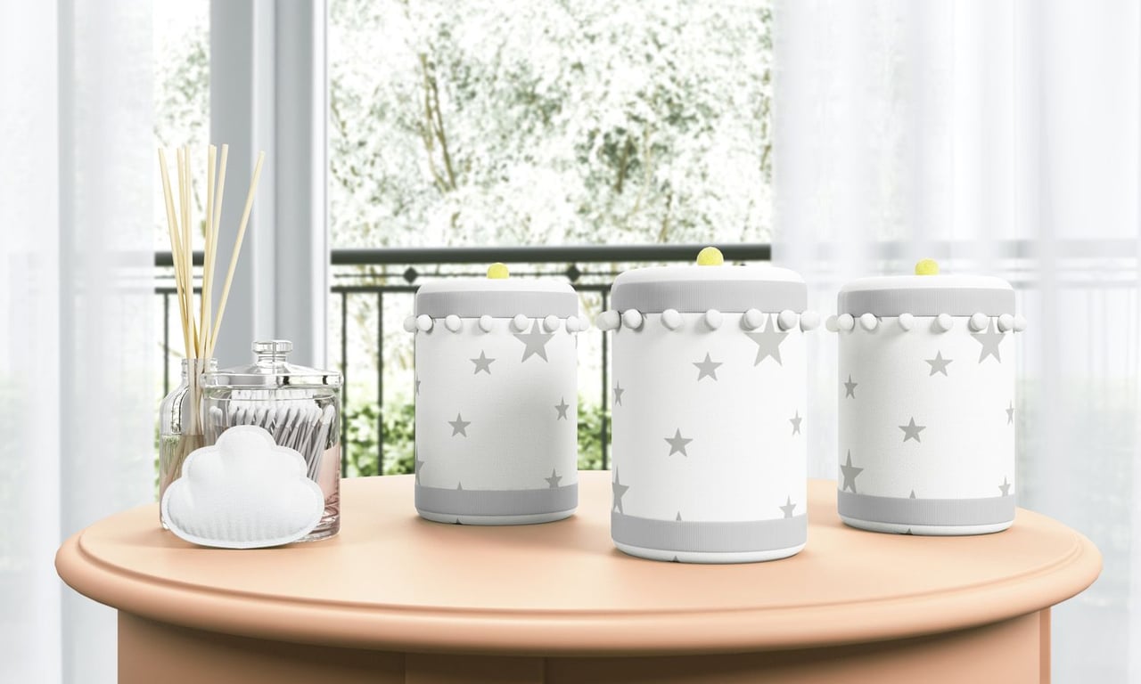 Jogo de Potes Estrelinhas e Pompons Cinza