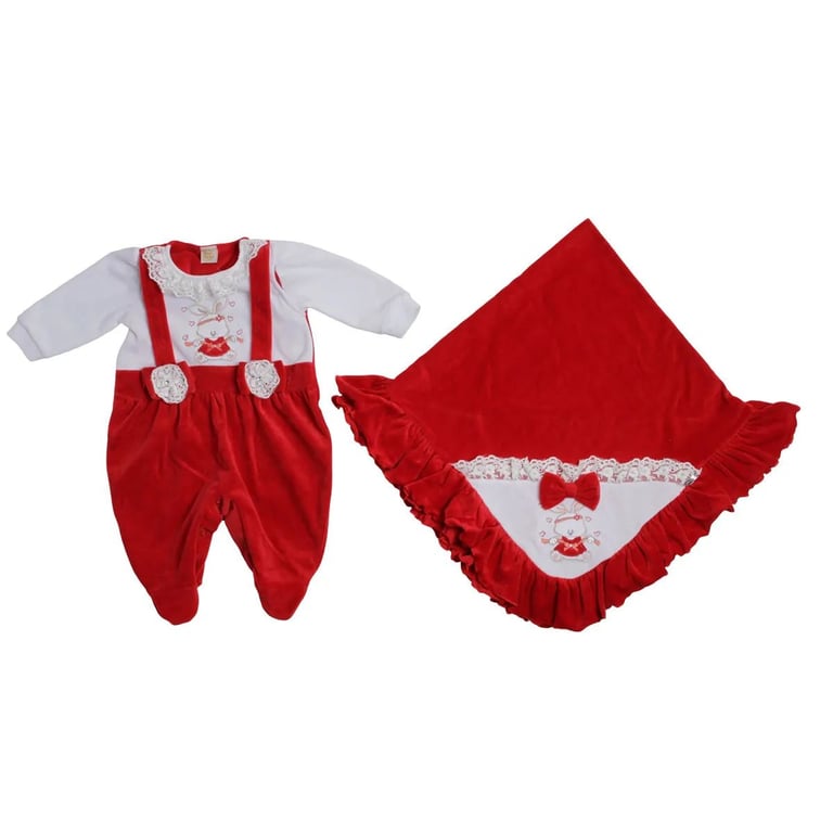 Saída Maternidade Din Don Em Plush Gola Com Renda E Suspensório Vermelho