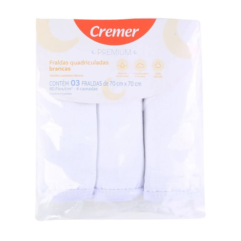 Fralda Cremer Premium Quadriculada Brancas 3 Peças