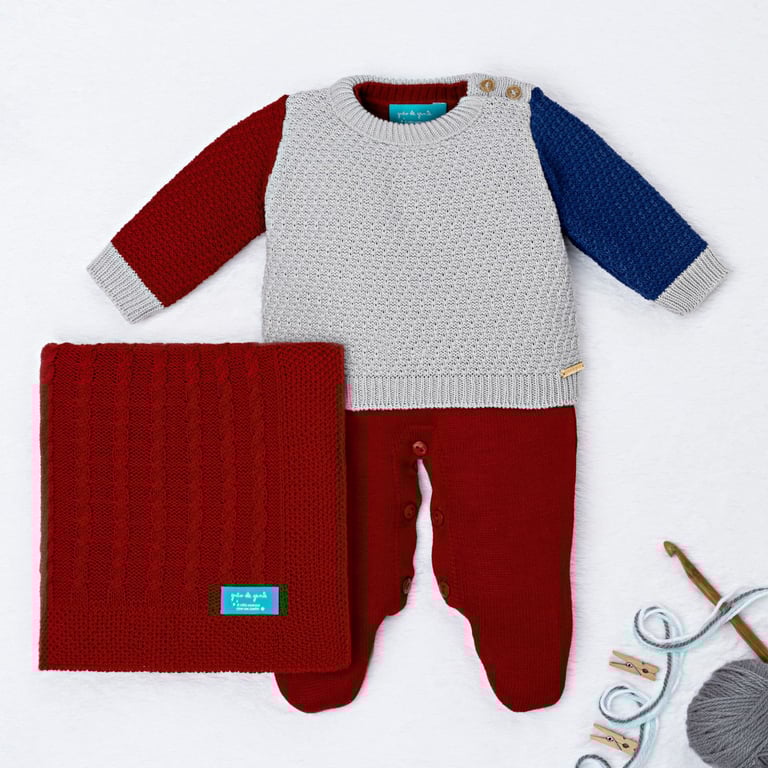 Saída Maternidade Tricot Tricolor Manta Vermelho 03 Peças