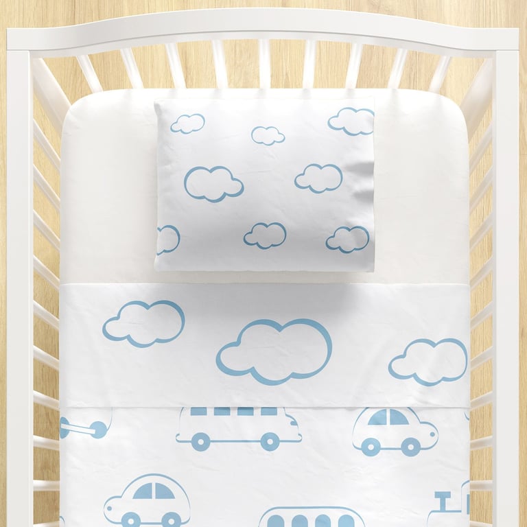 Jogo de Lençol Berço Nuvens e Carrinhos Azul 3 peças