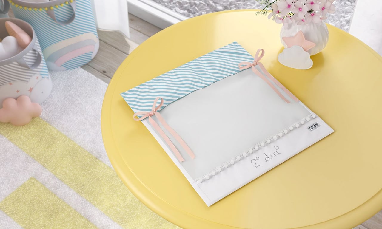 Saquinho Maternidade para Roupinhas Listrado Azul com Laço Salmão Segundo Dia