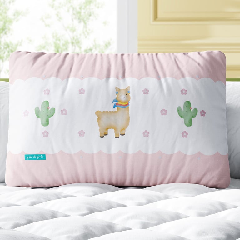 Almofada Retangular Lhama e Cactos em Flor Rosa 35cm