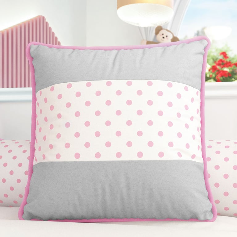 Almofada Quadrada Faixa Poá Cinza e Rosa 38cm