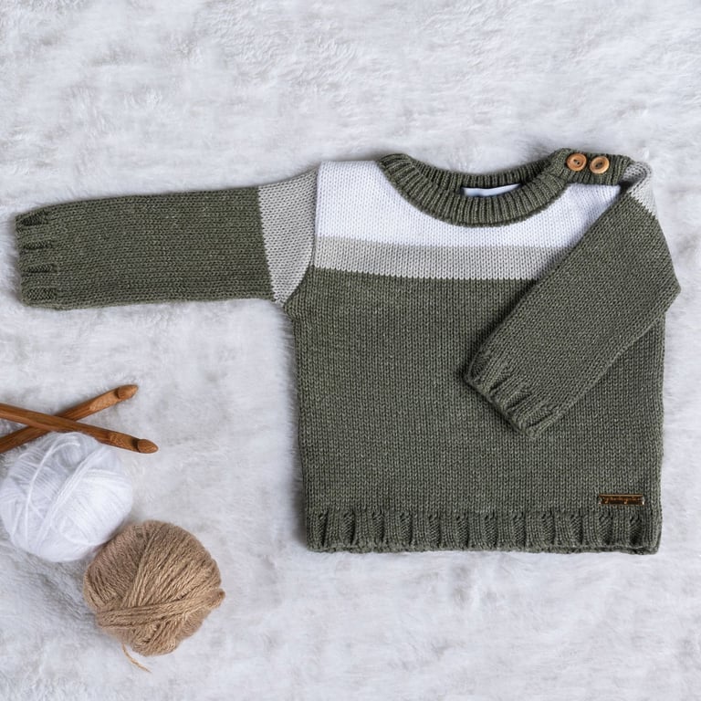 Casaquinho Tricot Listra Verde Musgo e Cinza