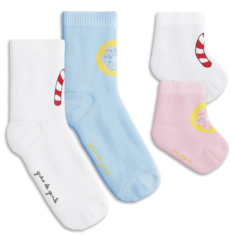 Kit Meia Bebê Tal Pai Tal Filha Trocapé Pirulito e Donuts Azul e Rosa 4 Pares