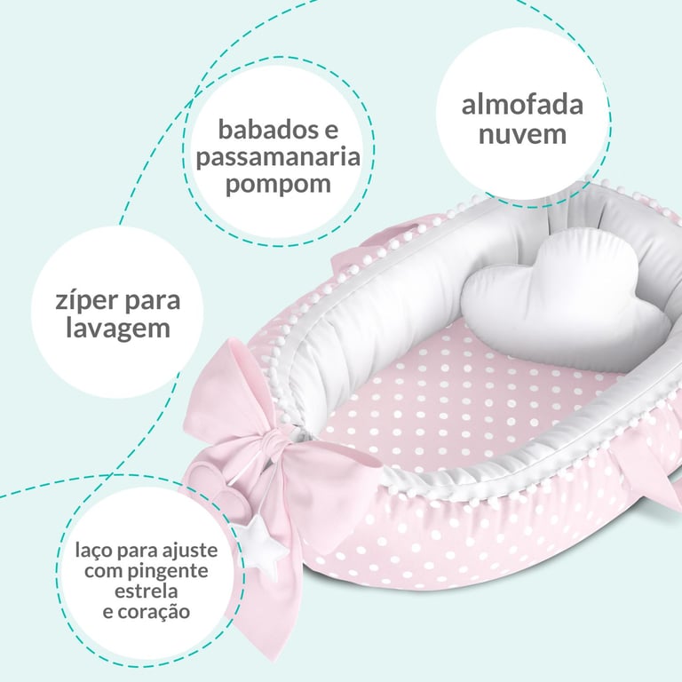 Ninho para Bebê Redutor de Berço Poá Rosa/Branco 80cm
