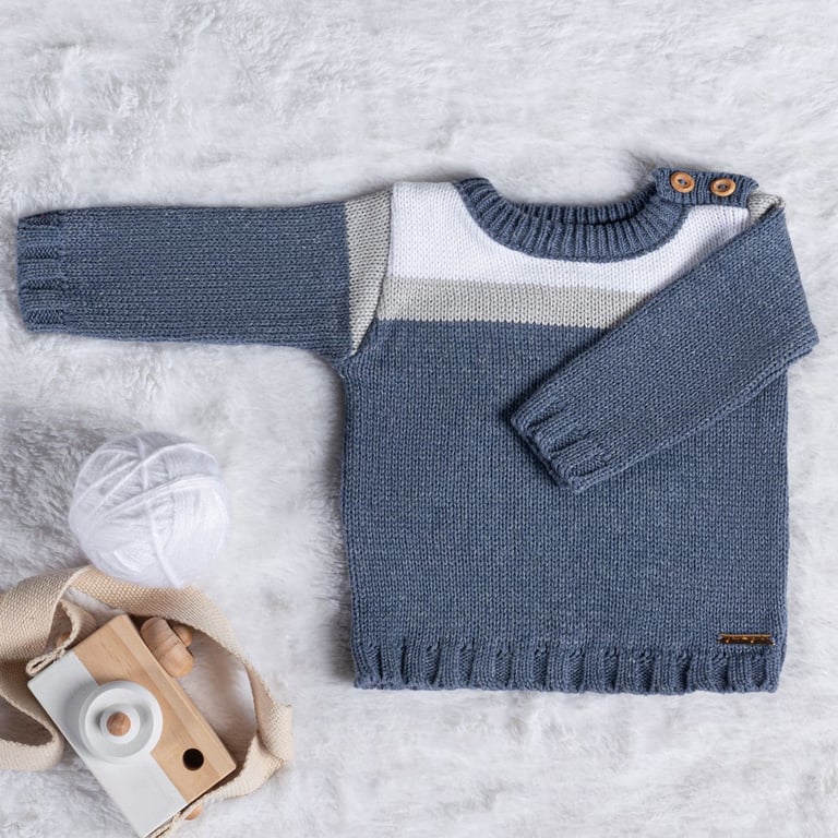 Saída Maternidade Tricot Casaquinho Listrado Azul Jeans 03 Peças