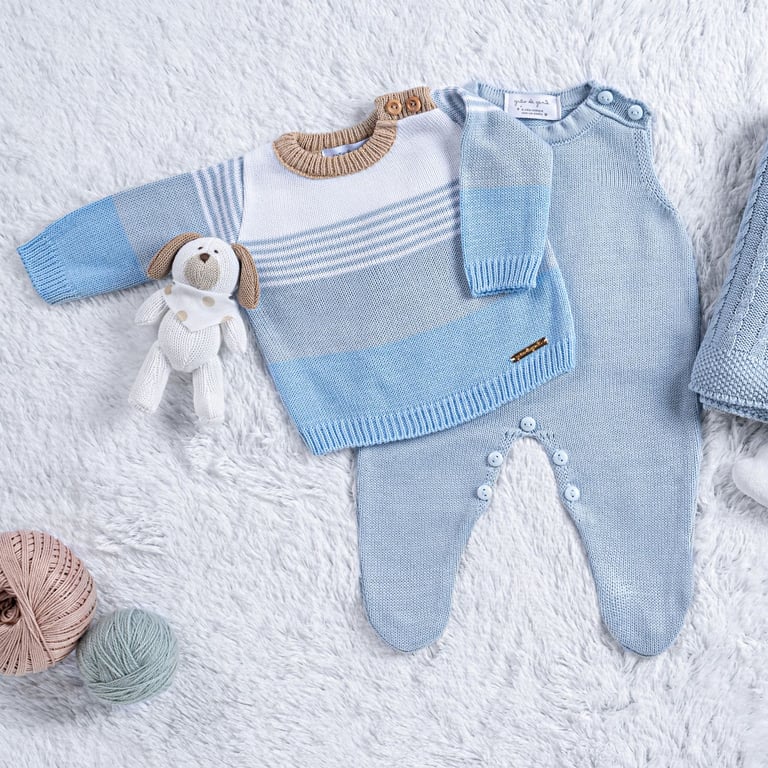 Saída Maternidade Tricot Listra Azul/ Bege 3 Peças