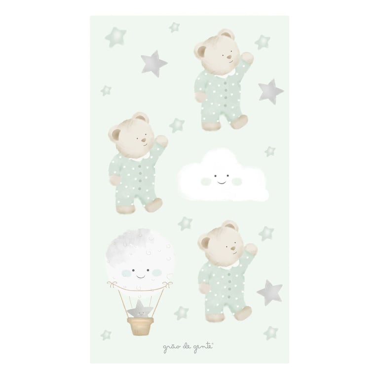 Adesivos de Parede Três Ursinhos, Balão, Nuvem e Estrelas Verde