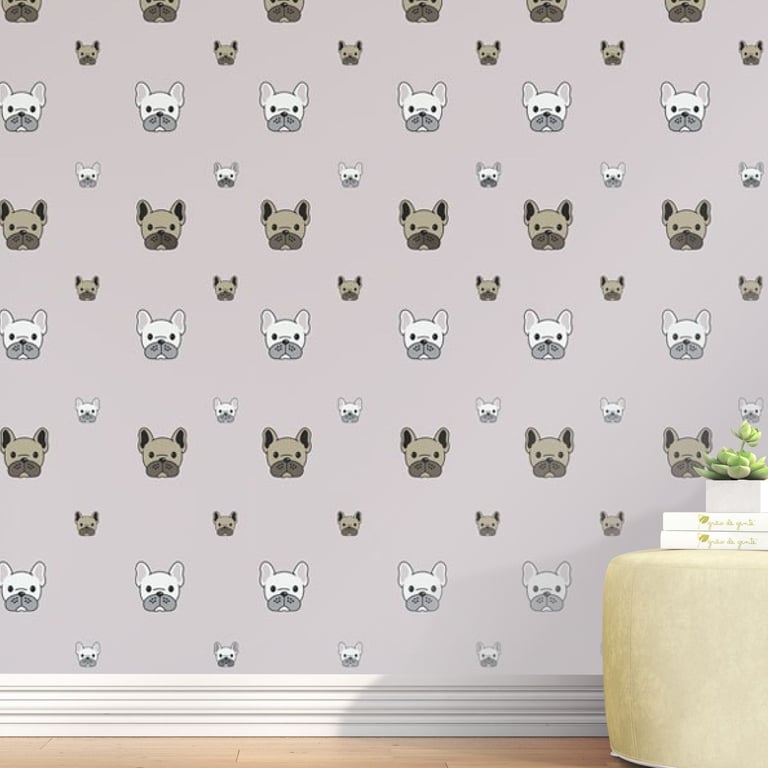 Papel de Parede Cachorrinhos Bulldog Francês Cinza 3m